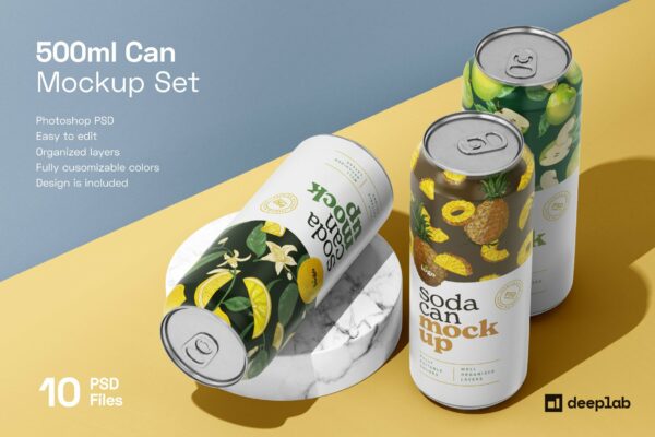 10个时尚500毫升果汁苏打汽水易拉罐设计样机模板 500ML Soda Can Mockup