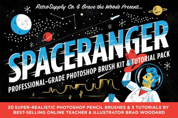复古粗糙毛笔艺术绘画PS笔刷套装 SpaceRanger | Brush & Tutorial Kit