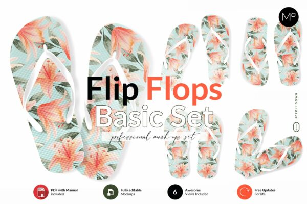 清新人字拖拖鞋印花图案设计PS贴图样机模板 Flip Flops Basic Set Mock-ups