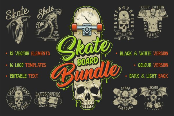 超流嘻哈风骷髅骨骼滑板T恤印花图案设计矢量图案 Skate Board Bundle