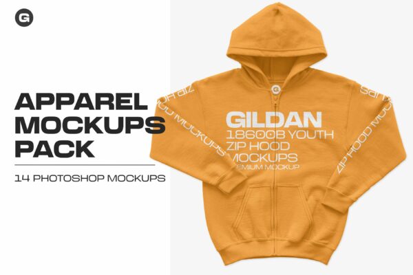 14个超清拉链连衣帽卫衣印花图案设计PS贴图样机模板 Gildan 18600B Youth Zip Hood Mockups