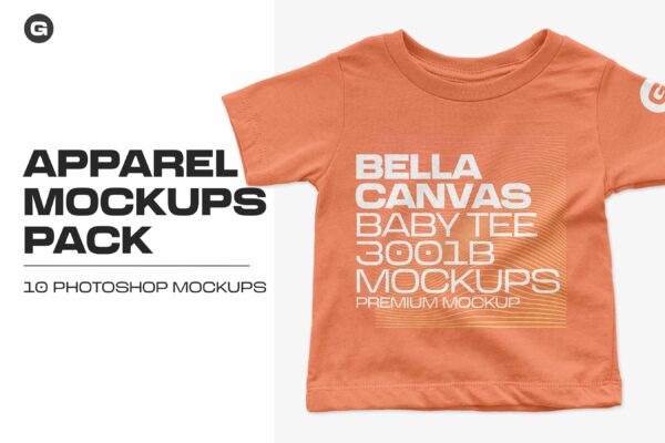 10个逼真儿童半袖T恤印花图案设计样机模板 Bella Canvas Baby Tee 3001B Mockups