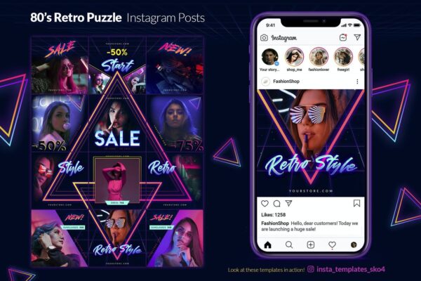 复古80年代霓虹效果品牌推广新媒体海报 80’s Retro Puzzle – Instagram Posts