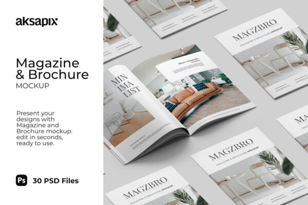 30个多角度A4画册杂志设计展示样机PSD模板素材 Magazine and Brochure Mockup
