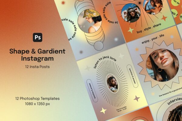 12个炫酷渐变几何背景品牌推广新媒体海报电视海报模板 Shape & Gradient Instagram