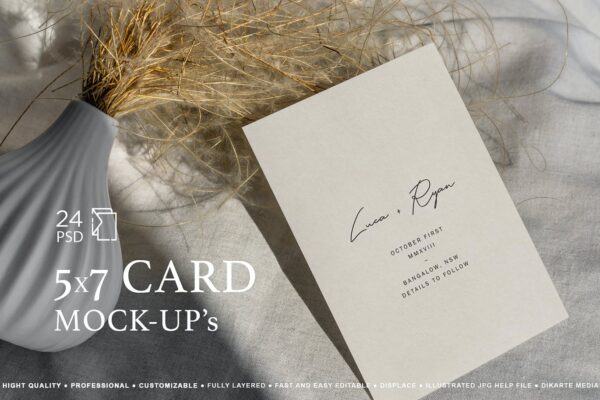 24款时尚优雅邀请函明信片卡片设计贴图样机模板 5×7 Card / Postcard Mock-Ups