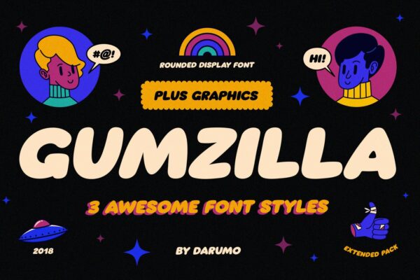 复古品牌包装徽标Logo标题设计圆润英文字体素材 Gumzilla Font Plus Graphic Pack