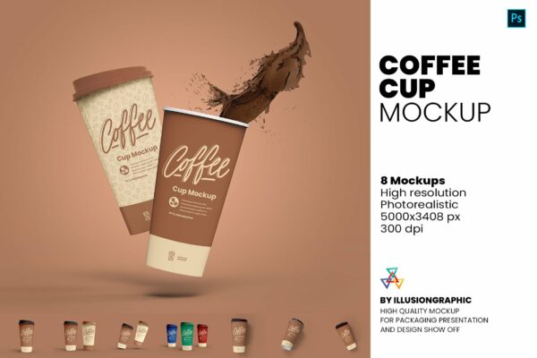 8个一次性咖啡外卖纸杯设计贴图样机模板 Coffee Cup Mockup – 8 views