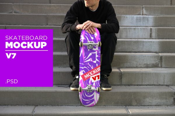 高品质滑板印花图案设计贴图样机PSD模板 Skateboard Mockup V7 – PSD
