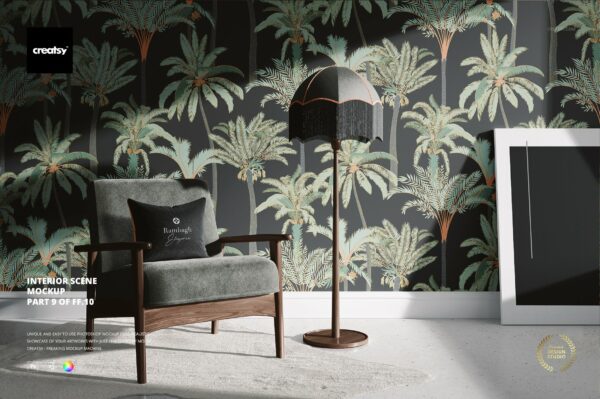 时尚室内场景沙发壁纸设计展示贴图样机PSD模板 Interior Scene Mockup