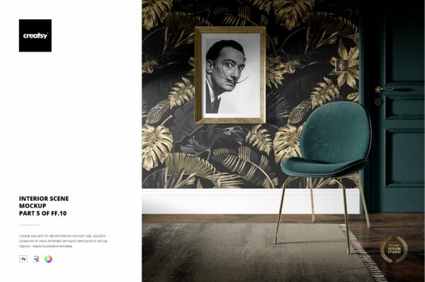 时尚室内场景壁纸相框椅子设计贴图样机模板 Interior Scene Mockup