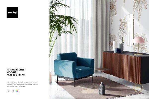 时尚室内沙发印花图案设计贴图PSD样机模板 Interior Scene Mockup