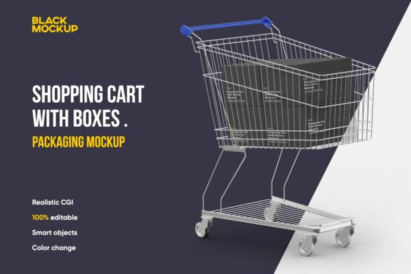 带框超市购物车产品包装纸箱外观设计PSD样机文件 Shopping Cart With Boxes Mockup