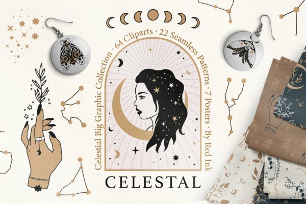 神秘占星术天体月亮星星蝴蝶女性头像手绘剪贴画矢量图案设计素材 Celestial Clipart & Pattern Magic Pack