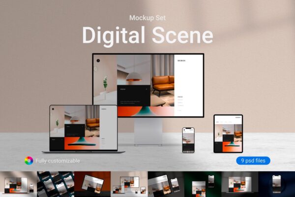 9款质感网站APP界面设计电子设备屏幕演示样机合集 Digital Scene Mockup Set