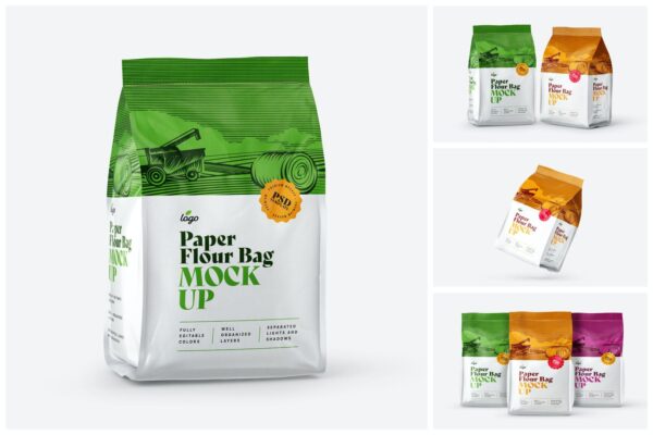 简约食品零食自封袋设计贴图样机合集 Paper Flour Bag Mockup Set