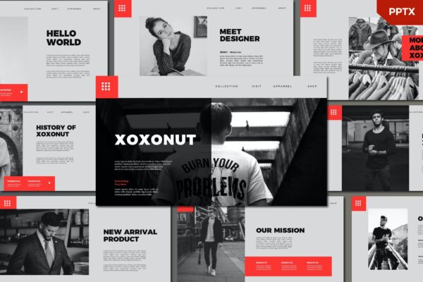 灰色系品牌服装摄影作品集演示文稿设计模板 Xoxonut Powerpoint Template