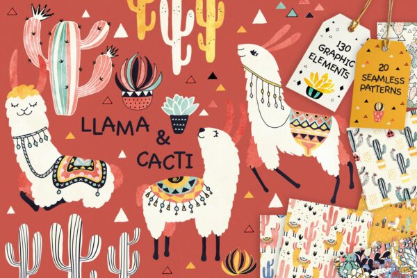 卡通有趣仙人掌骆驼手绘矢量图形设计素材 Llamas and Cacti