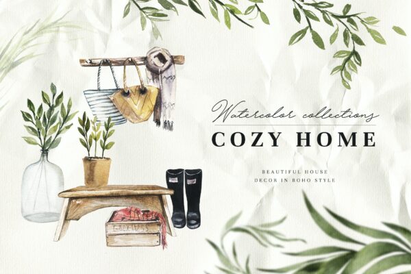 清新波西米亚风室内家具手绘水彩画PNG免抠图片素材 Watercolor Cozy Home