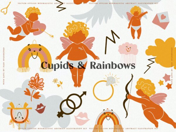 时尚抽象可爱卡通彩虹丘比特元素手绘插画矢量设计素材 Cupids & Cute Rainbows