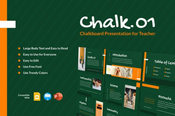 深绿色系黑板图文排版演示文稿设计模板 CHALK01 – Chalkboard Presentation for Teacher