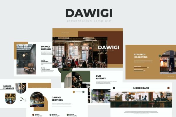 时尚简约咖啡馆摄影作品集演示文稿设计模板 Dawigi – Cafe Powerpoint Template