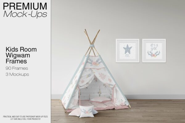 逼真儿童房帐篷布料印花图案设计贴图样机 Kids Room – Wigwam Wall & Frames