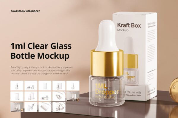 14个透明玻璃滴管瓶标签设计展示贴图样机模板 1ml Clear Glass Bottle Mockup