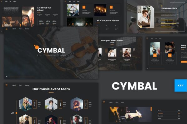 创意优雅音乐发布会策划提报演示文稿设计PPT+Keynote模板 Cymbal – Music Keynote Template