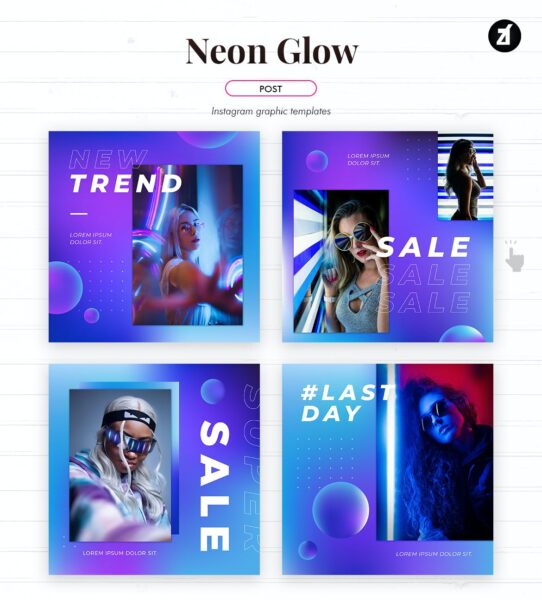 潮流霓虹灯效果品牌推广新媒体电商海报模板 Neon Glow Social Media Graphic Templates