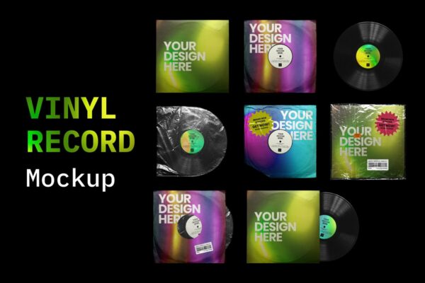 复古黑胶片CD唱片包装袋封面设计样机模板 Vinyl Record Mockup【第110期】