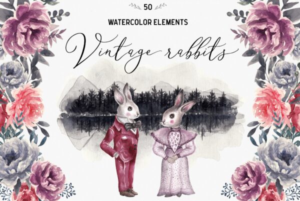 春季复活节水彩兔子PNG透明背景图片素材 Spring Easter Watercolor Rabbits