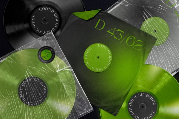 复古专业的酸性黑胶唱片封面塑料CD包装设计VI样机展示模型mockups