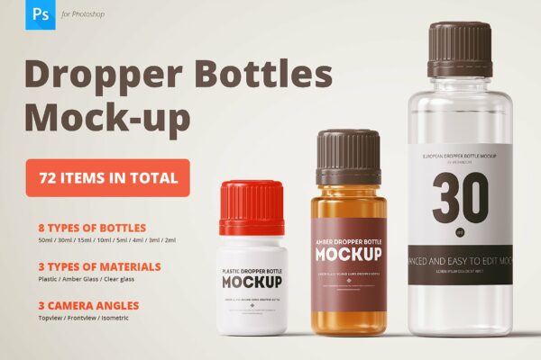 72款逼真化妆品滴管瓶PSD样机模板 Dropper Bottles Mock-up
