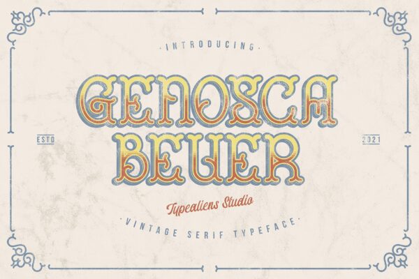 复古啤酒标签海报标题Logo设计衬线英文字体素材 Genosca Beuer