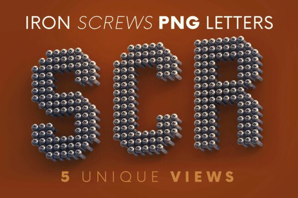 逼真金属3D铁螺丝钉创意字母PNG透明图片设计素材 Iron Screws – 3D Lettering【第1217期】