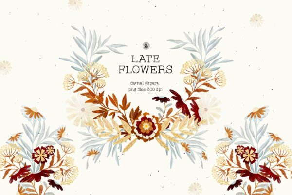 18个高清植物花圈手绘水彩画PNG透明图片合集 Late Flowers – Digital Clipart Set