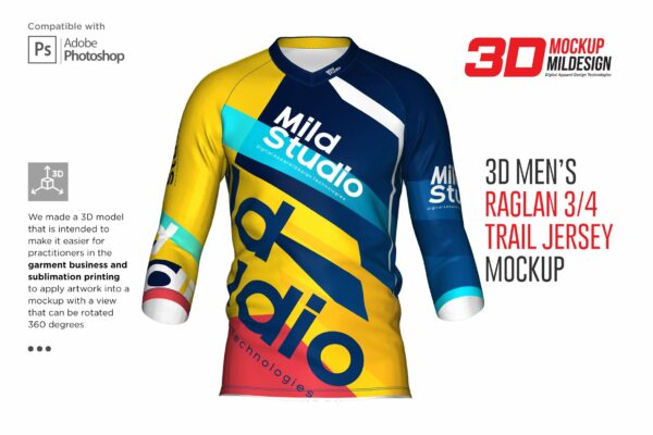 简约3D男士球衣印花图案设计贴图样机模板 3D Men’s Raglan Trail Jersey Mockup