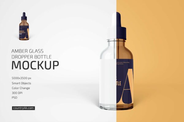 琥珀色化妆品滴管瓶设计贴图样机 Amber Glass Dropper Bottle Mockup