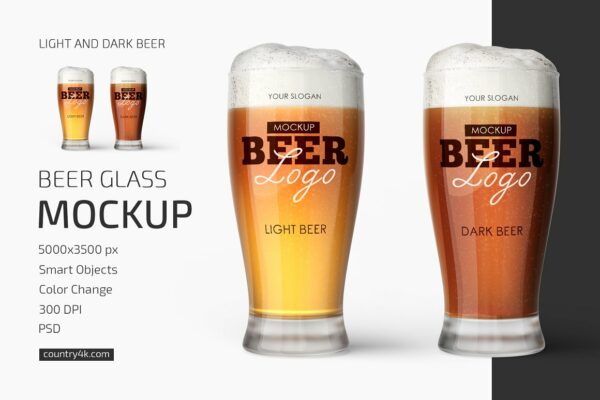 透明啤酒玻璃杯Logo贴图样机模板 Beer Glass Mockup