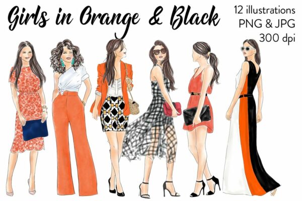 时尚女性手绘剪贴画PNG透明图片设计素材 Girls In Orange & Black