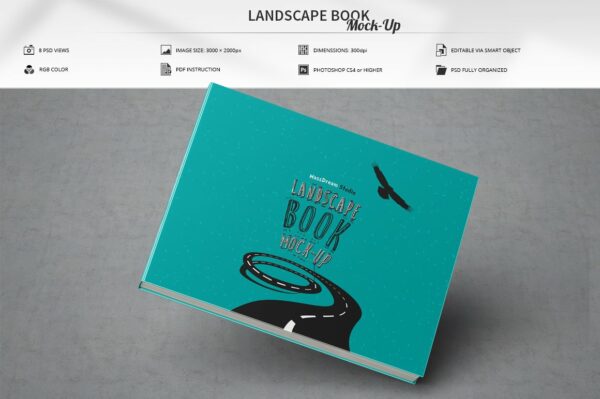 8个精装书封面设计贴图样机模板素材 Landscape Book Mock-Up