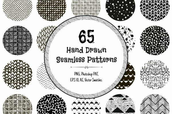 65款抽象黑色几何涂鸦图案纹理背景矢量设计素材 65 Monochrome Patterns