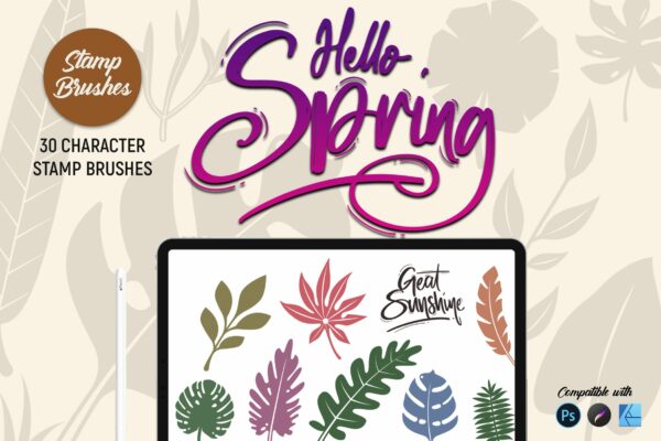 30个简约树叶笔刷素材下载 Hello Spring | Stamp Brushes
