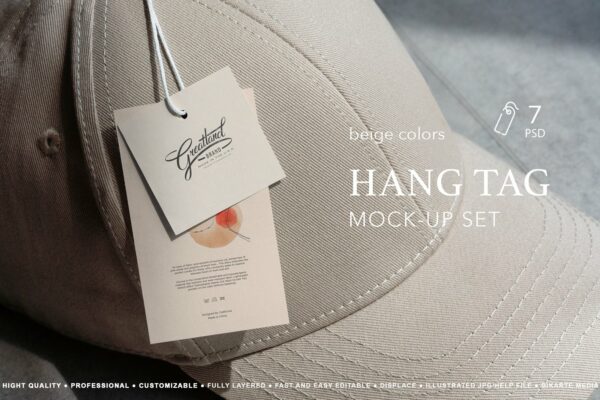 时尚米色服装吊牌标签设计贴图样机PSD模板素材 Hang Tag Mock-Up Set Beige Colors