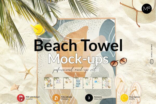 现代优雅沙滩毛巾印花图案设计贴图样机合集 Beach Towel Mock-ups Set