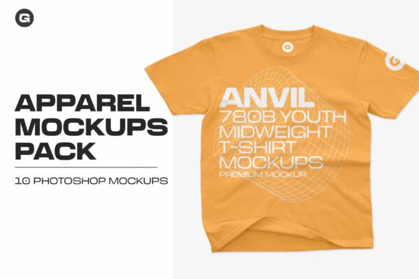 10款逼真半袖T恤印花图案设计PS智能贴图样机模板 Anvil 780B Youth T-Shirt Mockups