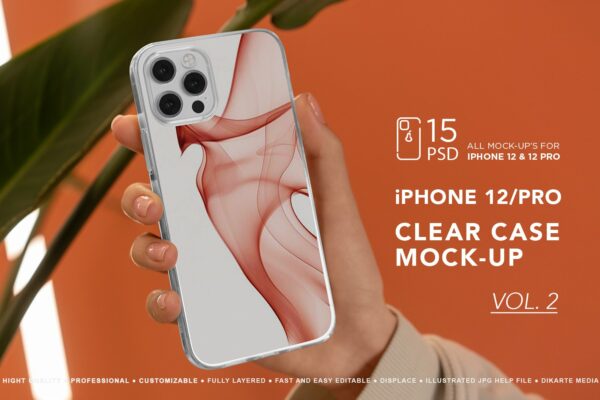 15款时尚苹果iPhone 12手机保护壳设计PS智能贴图样机模板 iPhone 12 Clear Case MockUp Vol.2
