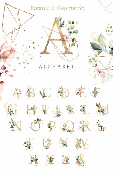 精美金色字母几何PNG透明背景图片设计素材 Floral alphabet letters. Geometrics