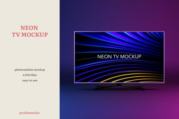 逼真霓虹电视屏幕演示PSD样机模板 Neon TV Mockup